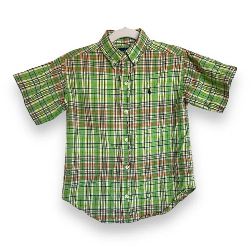 Ralph Lauren Boys Shirt Sz 5 Green‎ Orange Yellow Plaid Button Down Short Sleeve